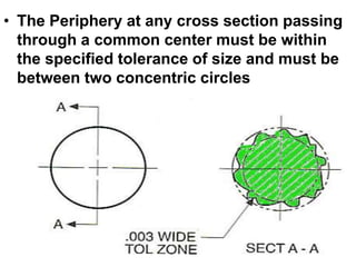• The Periphery at any cross section passing
through a common center must be within
the specified tolerance of size and must be
between two concentric circles
 