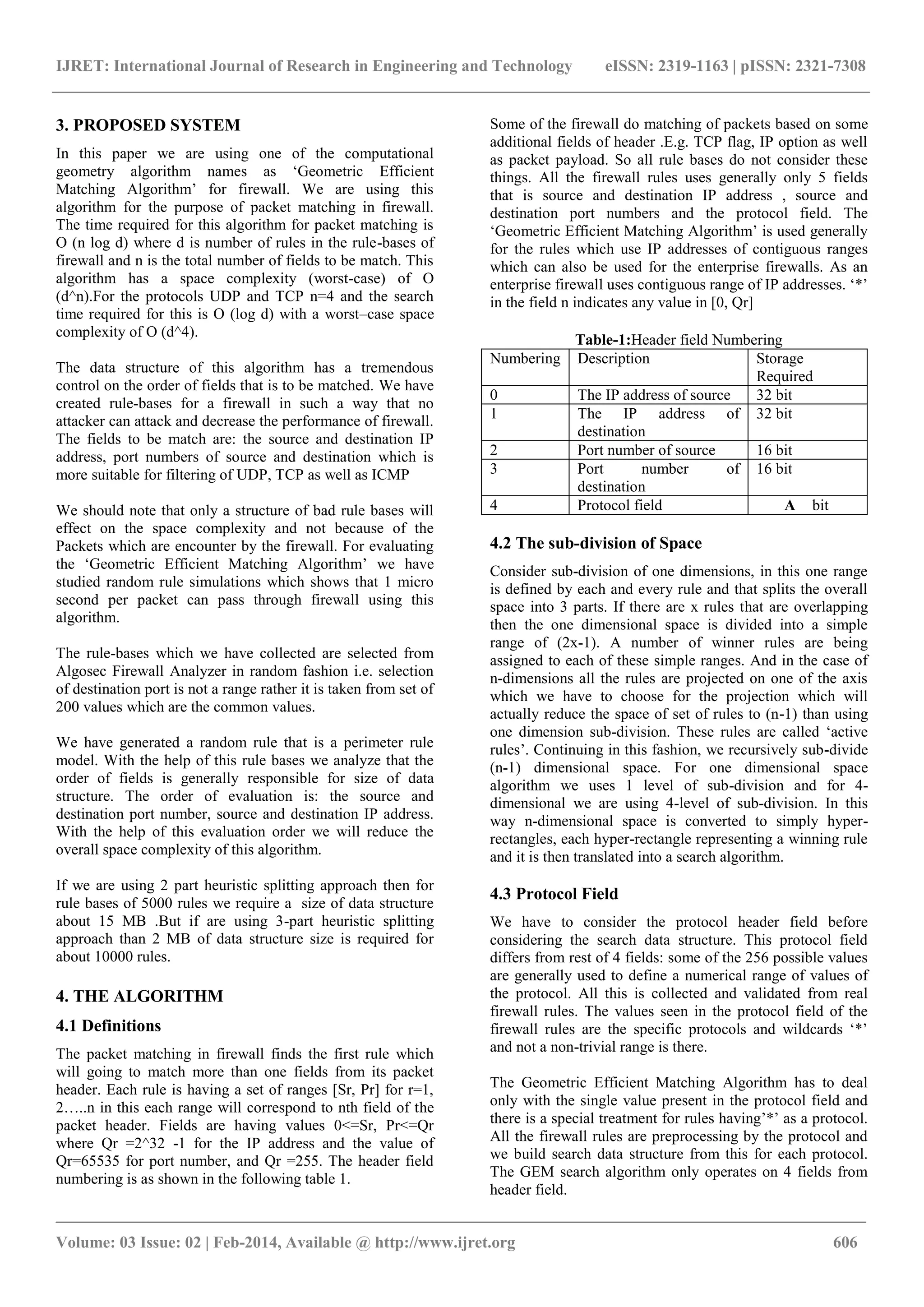 IJRET: International Journal of Research in Engineering and Technology eISSN: 2319-1163 | pISSN: 2321-7308
_______________________________________________________________________________________
Volume: 03 Issue: 02 | Feb-2014, Available @ http://www.ijret.org 606
3. PROPOSED SYSTEM
In this paper we are using one of the computational
geometry algorithm names as „Geometric Efficient
Matching Algorithm‟ for firewall. We are using this
algorithm for the purpose of packet matching in firewall.
The time required for this algorithm for packet matching is
O (n log d) where d is number of rules in the rule-bases of
firewall and n is the total number of fields to be match. This
algorithm has a space complexity (worst-case) of O
(d^n).For the protocols UDP and TCP n=4 and the search
time required for this is O (log d) with a worst–case space
complexity of O (d^4).
The data structure of this algorithm has a tremendous
control on the order of fields that is to be matched. We have
created rule-bases for a firewall in such a way that no
attacker can attack and decrease the performance of firewall.
The fields to be match are: the source and destination IP
address, port numbers of source and destination which is
more suitable for filtering of UDP, TCP as well as ICMP
We should note that only a structure of bad rule bases will
effect on the space complexity and not because of the
Packets which are encounter by the firewall. For evaluating
the „Geometric Efficient Matching Algorithm‟ we have
studied random rule simulations which shows that 1 micro
second per packet can pass through firewall using this
algorithm.
The rule-bases which we have collected are selected from
Algosec Firewall Analyzer in random fashion i.e. selection
of destination port is not a range rather it is taken from set of
200 values which are the common values.
We have generated a random rule that is a perimeter rule
model. With the help of this rule bases we analyze that the
order of fields is generally responsible for size of data
structure. The order of evaluation is: the source and
destination port number, source and destination IP address.
With the help of this evaluation order we will reduce the
overall space complexity of this algorithm.
If we are using 2 part heuristic splitting approach then for
rule bases of 5000 rules we require a size of data structure
about 15 MB .But if are using 3-part heuristic splitting
approach than 2 MB of data structure size is required for
about 10000 rules.
4. THE ALGORITHM
4.1 Definitions
The packet matching in firewall finds the first rule which
will going to match more than one fields from its packet
header. Each rule is having a set of ranges [Sr, Pr] for r=1,
2…..n in this each range will correspond to nth field of the
packet header. Fields are having values 0<=Sr, Pr<=Qr
where Qr =2^32 -1 for the IP address and the value of
Qr=65535 for port number, and Qr =255. The header field
numbering is as shown in the following table 1.
Some of the firewall do matching of packets based on some
additional fields of header .E.g. TCP flag, IP option as well
as packet payload. So all rule bases do not consider these
things. All the firewall rules uses generally only 5 fields
that is source and destination IP address , source and
destination port numbers and the protocol field. The
„Geometric Efficient Matching Algorithm‟ is used generally
for the rules which use IP addresses of contiguous ranges
which can also be used for the enterprise firewalls. As an
enterprise firewall uses contiguous range of IP addresses. „*‟
in the field n indicates any value in [0, Qr]
Table-1:Header field Numbering
Numbering Description Storage
Required
0 The IP address of source 32 bit
1 The IP address of
destination
32 bit
2 Port number of source 16 bit
3 Port number of
destination
16 bit
4 Protocol field A bit
4.2 The sub-division of Space
Consider sub-division of one dimensions, in this one range
is defined by each and every rule and that splits the overall
space into 3 parts. If there are x rules that are overlapping
then the one dimensional space is divided into a simple
range of (2x-1). A number of winner rules are being
assigned to each of these simple ranges. And in the case of
n-dimensions all the rules are projected on one of the axis
which we have to choose for the projection which will
actually reduce the space of set of rules to (n-1) than using
one dimension sub-division. These rules are called „active
rules‟. Continuing in this fashion, we recursively sub-divide
(n-1) dimensional space. For one dimensional space
algorithm we uses 1 level of sub-division and for 4-
dimensional we are using 4-level of sub-division. In this
way n-dimensional space is converted to simply hyper-
rectangles, each hyper-rectangle representing a winning rule
and it is then translated into a search algorithm.
4.3 Protocol Field
We have to consider the protocol header field before
considering the search data structure. This protocol field
differs from rest of 4 fields: some of the 256 possible values
are generally used to define a numerical range of values of
the protocol. All this is collected and validated from real
firewall rules. The values seen in the protocol field of the
firewall rules are the specific protocols and wildcards „*‟
and not a non-trivial range is there.
The Geometric Efficient Matching Algorithm has to deal
only with the single value present in the protocol field and
there is a special treatment for rules having‟*‟ as a protocol.
All the firewall rules are preprocessing by the protocol and
we build search data structure from this for each protocol.
The GEM search algorithm only operates on 4 fields from
header field.
 