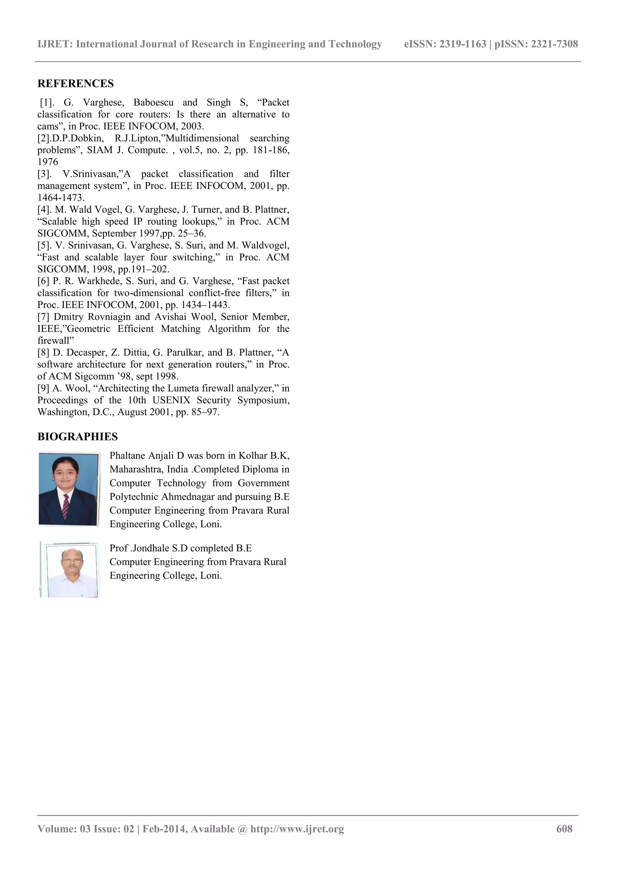 IJRET: International Journal of Research in Engineering and Technology eISSN: 2319-1163 | pISSN: 2321-7308
_______________________________________________________________________________________
Volume: 03 Issue: 02 | Feb-2014, Available @ http://www.ijret.org 608
REFERENCES
[1]. G. Varghese, Baboescu and Singh S, “Packet
classification for core routers: Is there an alternative to
cams”, in Proc. IEEE INFOCOM, 2003.
[2].D.P.Dobkin, R.J.Lipton,”Multidimensional searching
problems”, SIAM J. Compute. , vol.5, no. 2, pp. 181-186,
1976
[3]. V.Srinivasan,”A packet classification and filter
management system”, in Proc. IEEE INFOCOM, 2001, pp.
1464-1473.
[4]. M. Wald Vogel, G. Varghese, J. Turner, and B. Plattner,
“Scalable high speed IP routing lookups,” in Proc. ACM
SIGCOMM, September 1997,pp. 25–36.
[5]. V. Srinivasan, G. Varghese, S. Suri, and M. Waldvogel,
“Fast and scalable layer four switching,” in Proc. ACM
SIGCOMM, 1998, pp.191–202.
[6] P. R. Warkhede, S. Suri, and G. Varghese, “Fast packet
classification for two-dimensional conflict-free filters,” in
Proc. IEEE INFOCOM, 2001, pp. 1434–1443.
[7] Dmitry Rovniagin and Avishai Wool, Senior Member,
IEEE,”Geometric Efficient Matching Algorithm for the
firewall”
[8] D. Decasper, Z. Dittia, G. Parulkar, and B. Plattner, “A
software architecture for next generation routers,” in Proc.
of ACM Sigcomm ‟98, sept 1998.
[9] A. Wool, “Architecting the Lumeta firewall analyzer,” in
Proceedings of the 10th USENIX Security Symposium,
Washington, D.C., August 2001, pp. 85–97.
BIOGRAPHIES
Phaltane Anjali D was born in Kolhar B.K,
Maharashtra, India .Completed Diploma in
Computer Technology from Government
Polytechnic Ahmednagar and pursuing B.E
Computer Engineering from Pravara Rural
Engineering College, Loni.
Prof .Jondhale S.D completed B.E
Computer Engineering from Pravara Rural
Engineering College, Loni.
 