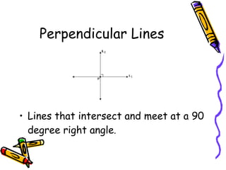 Perpendicular Lines Lines that intersect and meet at a 90 degree right angle . 