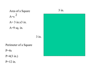 3 in.
3 in.
Area of a Square
A=s
A= 3 in.x3 in.
A=9 sq. in.
Perimeter of a Square
P=4s
P=4(3 in.)
P=12 in.
2
 