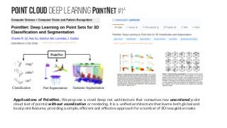 Point Cloud Deep learning PointNet #1A
https://github.com/charlesq34/pointnethttps://arxiv.org/abs/1612.00593
Applications of PointNet. We propose a novel deep net architecture that consumes raw unordered point
cloud (set of points) without voxelization or rendering. It is a unified architecture that learns both global and
local point features, providing a simple, efficient and effective approach for a number of 3D recognition tasks
 