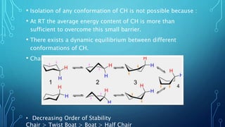 • Isolation of any conformation of CH is not possible because :
• At RT the average energy content of CH is more than
sufficient to overcome this small barrier.
• There exists a dynamic equilibrium between different
conformations of CH.
• Chair <> Twist Boat <> Boat<> Half Chair
• Decreasing Order of Stability
Chair > Twist Boat > Boat > Half Chair
 