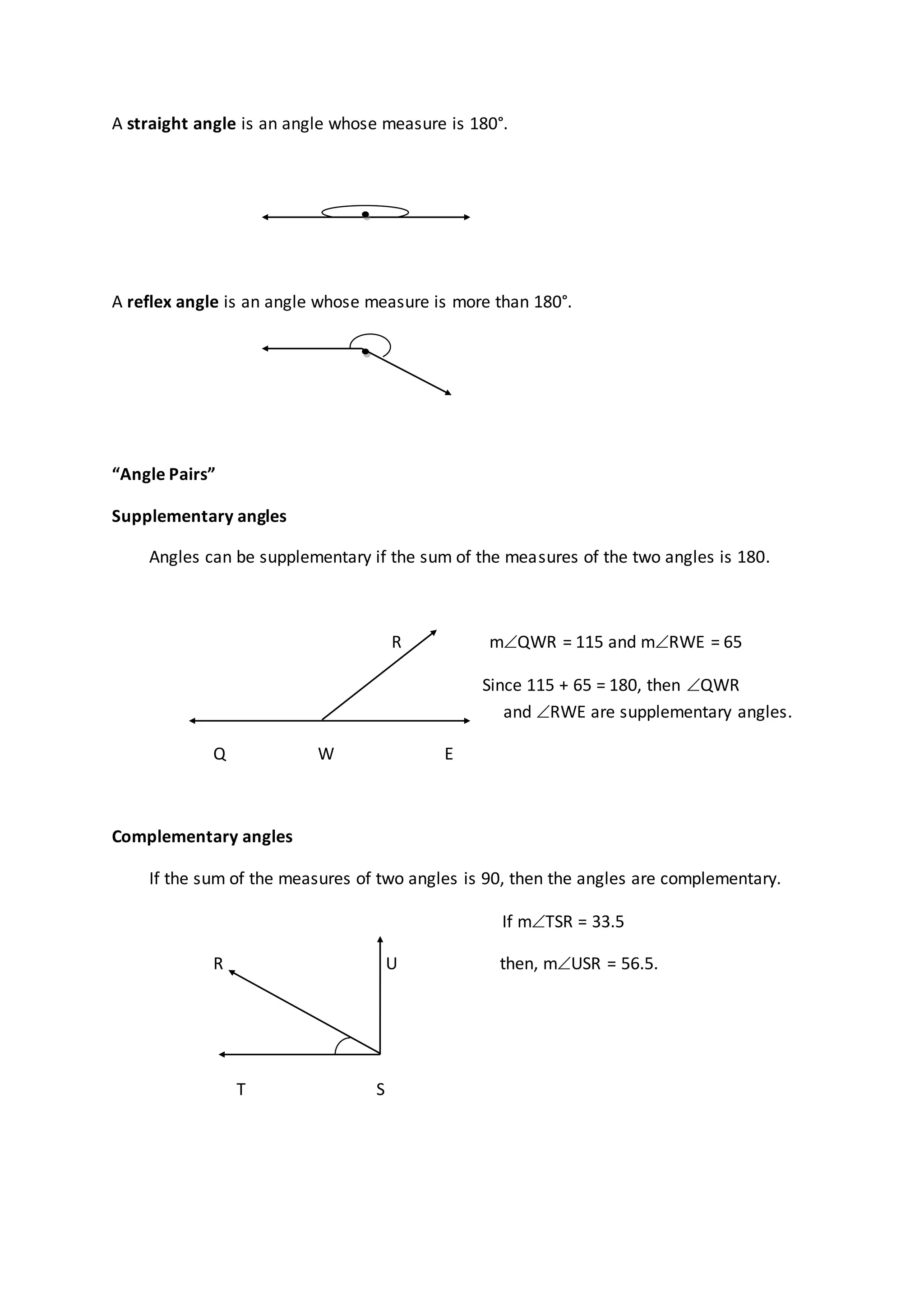 A straight angle is an angle whose measure is 180°.
A reflex angle is an angle whose measure is more than 180°.
“Angle Pairs”
Supplementary angles
Angles can be supplementary if the sum of the measures of the two angles is 180.
R mQWR = 115 and mRWE = 65
Since 115 + 65 = 180, then QWR
and RWE are supplementary angles.
Q W E
Complementary angles
If the sum of the measures of two angles is 90, then the angles are complementary.
If mTSR = 33.5
R U then, mUSR = 56.5.
T S
 