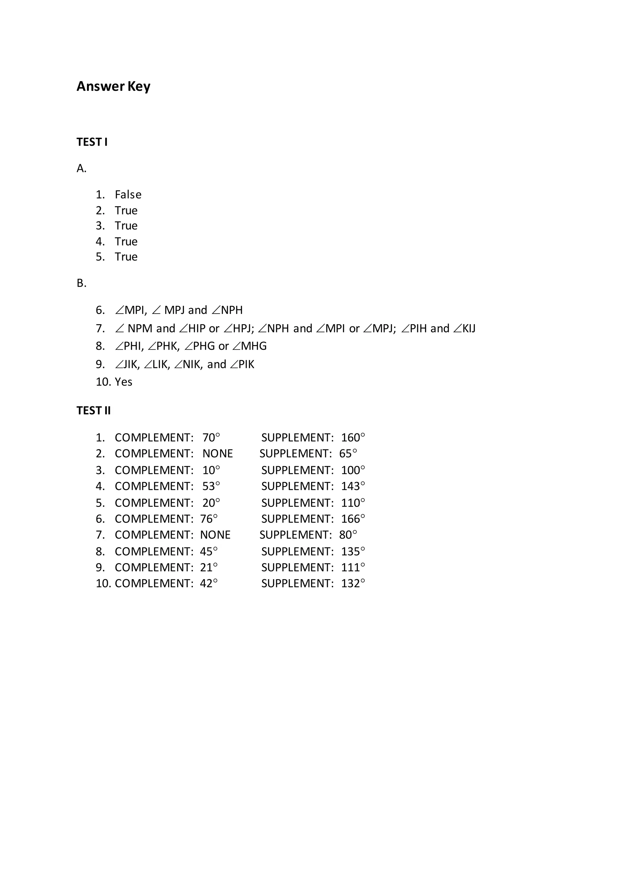 Answer Key
TEST I
A.
1. False
2. True
3. True
4. True
5. True
B.
6. MPI,  MPJ and NPH
7.  NPM and HIP or HPJ; NPH and MPI or MPJ; PIH and KIJ
8. PHI, PHK, PHG or MHG
9. JIK, LIK, NIK, and PIK
10. Yes
TEST II
1. COMPLEMENT: 70 SUPPLEMENT: 160
2. COMPLEMENT: NONE SUPPLEMENT: 65
3. COMPLEMENT: 10 SUPPLEMENT: 100
4. COMPLEMENT: 53 SUPPLEMENT: 143
5. COMPLEMENT: 20 SUPPLEMENT: 110
6. COMPLEMENT: 76 SUPPLEMENT: 166
7. COMPLEMENT: NONE SUPPLEMENT: 80
8. COMPLEMENT: 45 SUPPLEMENT: 135
9. COMPLEMENT: 21 SUPPLEMENT: 111
10. COMPLEMENT: 42 SUPPLEMENT: 132
 