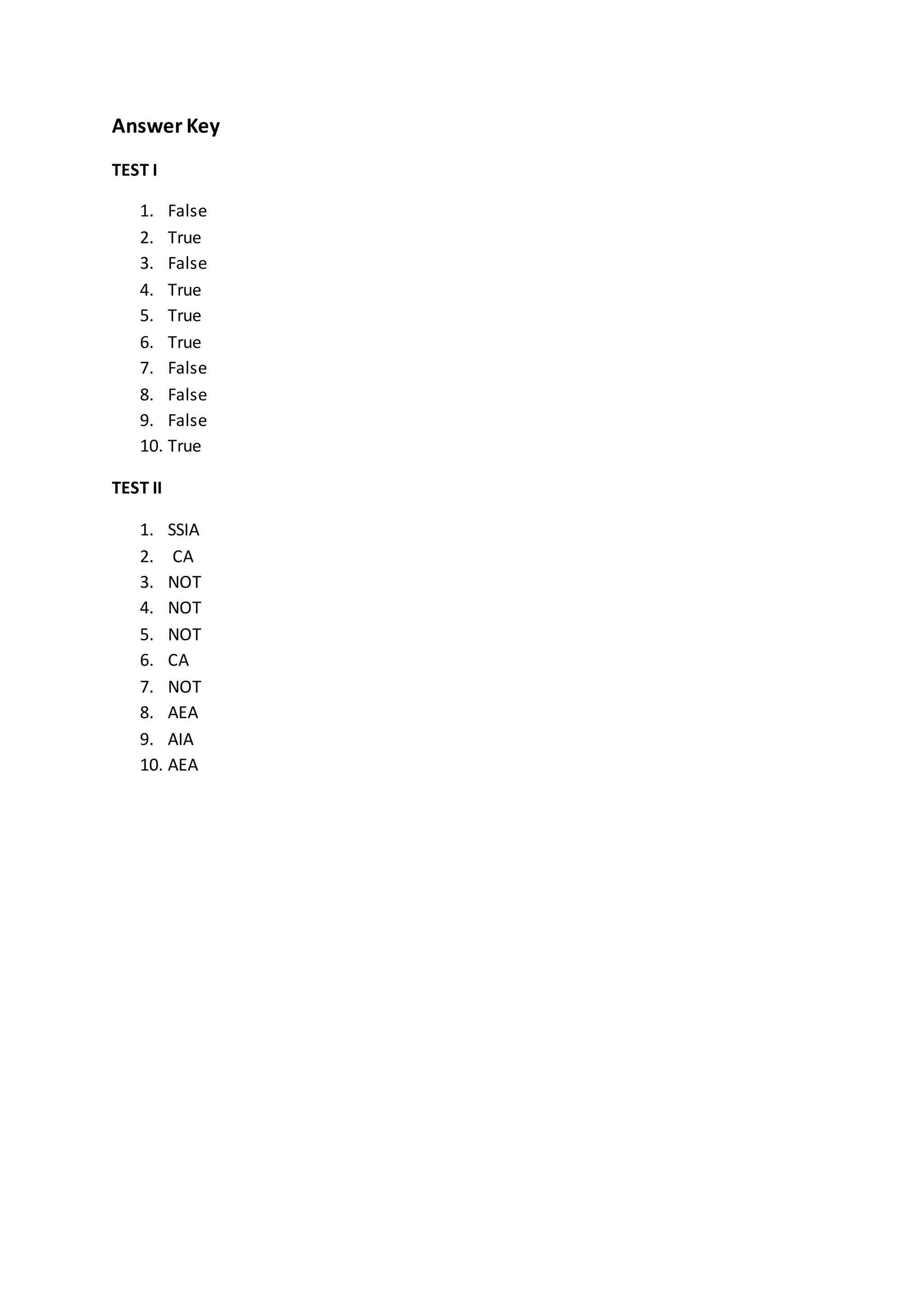 Answer Key
TEST I
1. False
2. True
3. False
4. True
5. True
6. True
7. False
8. False
9. False
10. True
TEST II
1. SSIA
2. CA
3. NOT
4. NOT
5. NOT
6. CA
7. NOT
8. AEA
9. AIA
10. AEA
 