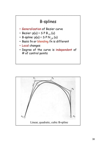 38
B-splines
• Generalization of Bezier curve
• Bezier: p(u) = S P B i,n (u)
• B-spline: p(u) = S P N j,k (u)
• Basis fn or blending fn is different
• Local changes
• Degree of the curve is independent of
# of control points
Linear, quadratic, cubic B-spline
 