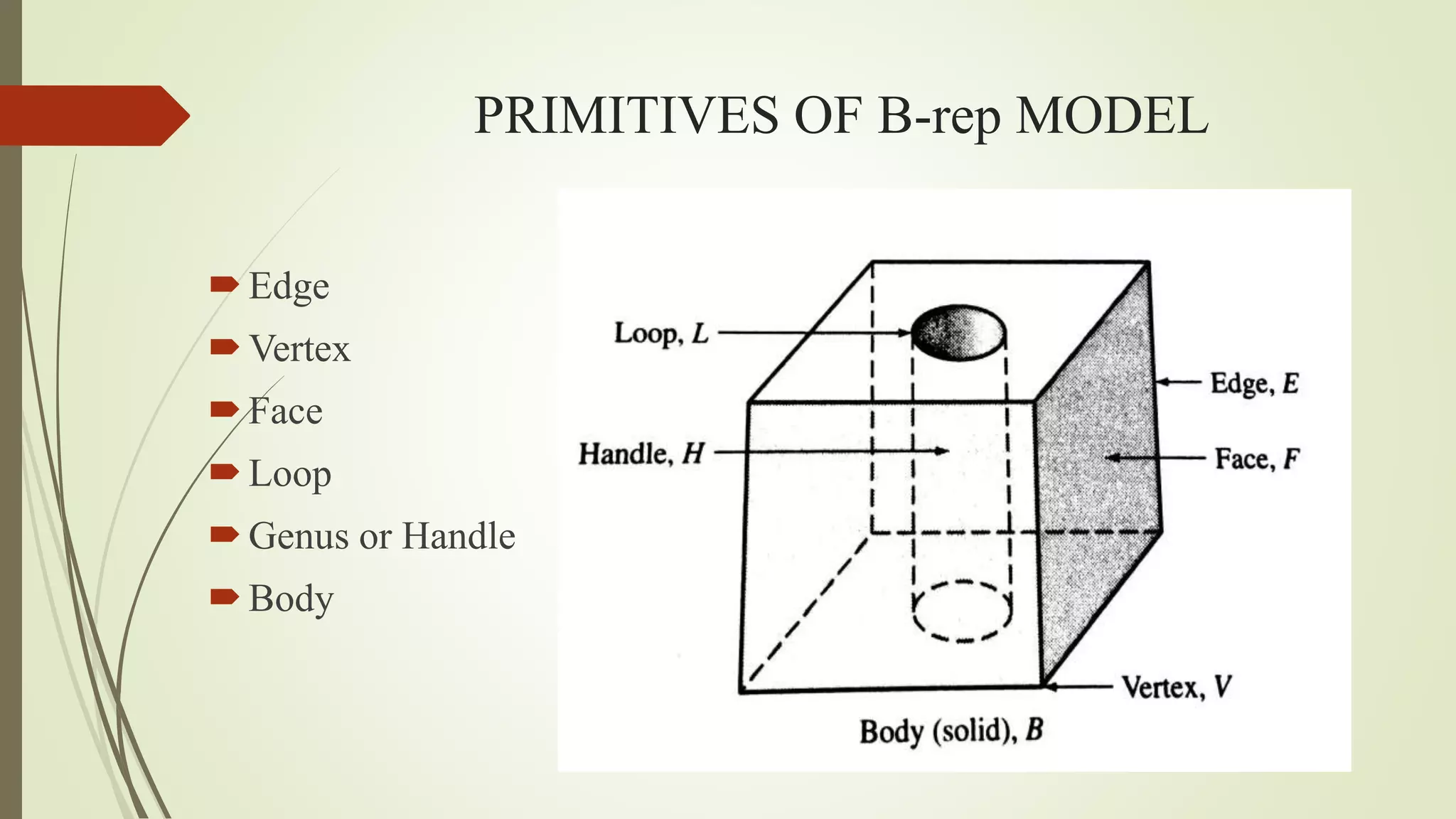 PRIMITIVES OF B-rep MODEL
Edge
Vertex
Face
Loop
Genus or Handle
Body
 