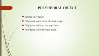 POLYHEDRAL OBJECT
Simple polyhedra
Polyhedra with faces of inner loops
Polyhedra with no through hole
Polyhedra with through holes
 