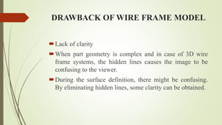 DRAWBACK OF WIRE FRAME MODEL
Lack of clarity
When part geometry is complex and in case of 3D wire
frame systems, the hidden lines causes the image to be
confusing to the viewer.
During the surface definition, there might be confusing.
By eliminating hidden lines, some clarity can be obtained.
 