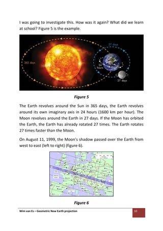 Wim van Es – Geometric New Earth projection 10
I was going to investigate this. How was it again? What did we learn
at school? Figure 5 is the example.
Figure 5
The Earth revolves around the Sun in 365 days, the Earth revolves
around its own imaginary axis in 24 hours (1600 km per hour). The
Moon revolves around the Earth in 27 days. If the Moon has orbited
the Earth, the Earth has already rotated 27 times. The Earth rotates
27 times faster than the Moon.
On August 11, 1999, the Moon's shadow passed over the Earth from
west to east (left to right) (figure 6).
Figure 6
 