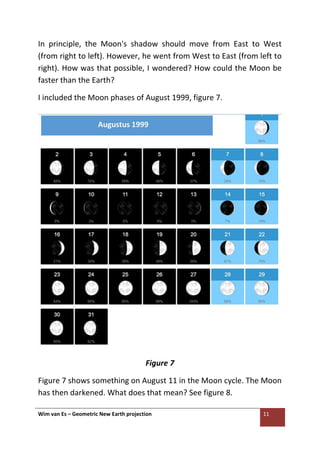 Wim van Es – Geometric New Earth projection 11
In principle, the Moon's shadow should move from East to West
(from right to left). However, he went from West to East (from left to
right). How was that possible, I wondered? How could the Moon be
faster than the Earth?
I included the Moon phases of August 1999, figure 7.
Figure 7
Figure 7 shows something on August 11 in the Moon cycle. The Moon
has then darkened. What does that mean? See figure 8.
 