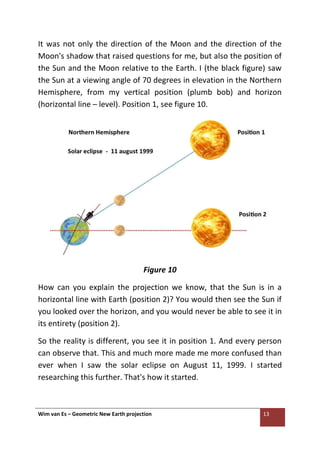 Wim van Es – Geometric New Earth projection 13
It was not only the direction of the Moon and the direction of the
Moon's shadow that raised questions for me, but also the position of
the Sun and the Moon relative to the Earth. I (the black figure) saw
the Sun at a viewing angle of 70 degrees in elevation in the Northern
Hemisphere, from my vertical position (plumb bob) and horizon
(horizontal line – level). Position 1, see figure 10.
Figure 10
How can you explain the projection we know, that the Sun is in a
horizontal line with Earth (position 2)? You would then see the Sun if
you looked over the horizon, and you would never be able to see it in
its entirety (position 2).
So the reality is different, you see it in position 1. And every person
can observe that. This and much more made me more confused than
ever when I saw the solar eclipse on August 11, 1999. I started
researching this further. That's how it started.
 