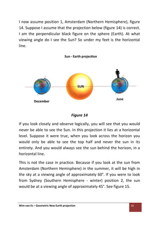 Wim van Es – Geometric New Earth projection 16
I now assume position 1, Amsterdam (Northern Hemisphere), figure
14. Suppose I assume that the projection below (figure 14) is correct.
I am the perpendicular black figure on the sphere (Earth). At what
viewing angle do I see the Sun? So under my feet is the horizontal
line.
Figure 14
If you look closely and observe logically, you will see that you would
never be able to see the Sun. In this projection it lies at a horizontal
level. Suppose it were true, when you look across the horizon you
would only be able to see the top half and never the sun in its
entirety. And you would always see the sun behind the horizon, in a
horizontal line.
This is not the case in practice. Because if you look at the sun from
Amsterdam (Northern Hemisphere) in the summer, it will be high in
the sky at a viewing angle of approximately 60°. If you were to look
from Sydney (Southern Hemisphere - winter) position 2, the sun
would be at a viewing angle of approximately 45°. See figure 15.
 