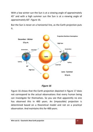 Wim van Es – Geometric New Earth projection 18
With a low winter sun the Sun is at a viewing angle of approximately
45° and with a high summer sun the Sun is at a viewing angle of
approximately 60°. Figure 16.
But the Sun is never on a horizontal line, as the Earth projection puts
it.
Figure 16
Figure 16 shows that the Earth projection depicted in figure 17 does
not correspond to the actual observations that every human being
can investigate for themselves. So you see that apparently no one
has observed this in 400 years. An (impossible) projection is
determined based on a theoretical model and not on a practical
observation. And maintains this for 400 years.
 