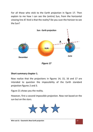 Wim van Es – Geometric New Earth projection 19
For all those who stick to the Earth projection in figure 17. Then
explain to me how I can see the (entire) Sun, from the horizontal
viewing line A? And is that the reality? Do you scan the horizon to see
the Sun?
Figure 17
Short summary chapter 1.
Now realize that the projections in figures 14, 15, 16 and 17 are
intended to question the impossibility of the Earth standard
projection figures 2 and 3.
Figure 21 shows you the reality.
However, first a second impossible projection. Now not based on the
sun but on the stars.
 