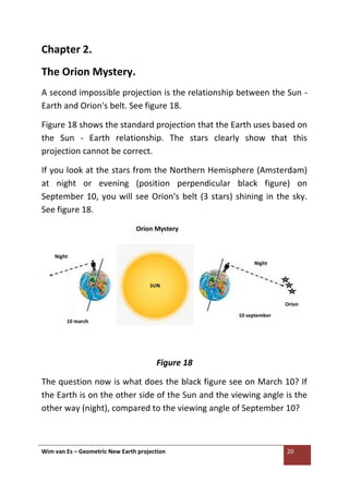 Wim van Es – Geometric New Earth projection 20
Chapter 2.
The Orion Mystery.
A second impossible projection is the relationship between the Sun -
Earth and Orion's belt. See figure 18.
Figure 18 shows the standard projection that the Earth uses based on
the Sun - Earth relationship. The stars clearly show that this
projection cannot be correct.
If you look at the stars from the Northern Hemisphere (Amsterdam)
at night or evening (position perpendicular black figure) on
September 10, you will see Orion's belt (3 stars) shining in the sky.
See figure 18.
Figure 18
The question now is what does the black figure see on March 10? If
the Earth is on the other side of the Sun and the viewing angle is the
other way (night), compared to the viewing angle of September 10?
 