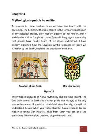 Wim van Es – Geometric New Earth projection 24
Chapter 3
Mythological symbols to reality.
As humans in these modern times we have lost touch with the
beginning. The beginning that is recorded in the form of symbolism in
all mythological stories, only modern people do not understand it
and dismiss it all as fun ghost stories. Symbolic language is something
that people have hardly heard of, let alone understood. I have
already explained how the Egyptian symbol language of figure 22,
'Creation of the Earth', explains the creation of the Earth.
Creation of the Earth One side seeing
Figure 22
The symbolic language of Norse mythology also provides insight. The
God Odin comes to Earth and a raven pricks out his eye, so he only
sees with one eye. If you take this childish story literally, you will not
understand it. Now when you realize that this has a symbolic deeper
hidden meaning (for initiates), that from Earth you can only see
everything from one side, then you begin to understand.
 