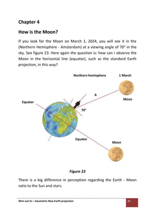 Wim van Es – Geometric New Earth projection 26
Chapter 4
How is the Moon?
If you look for the Moon on March 1, 2024, you will see it in the
(Northern Hemisphere - Amsterdam) at a viewing angle of 70° in the
sky. See figure 23. Here again the question is: how can I observe the
Moon in the horizontal line (equator), such as the standard Earth
projection, in this way?
Figure 23
There is a big difference in perception regarding the Earth - Moon
ratio to the Sun and stars.
 