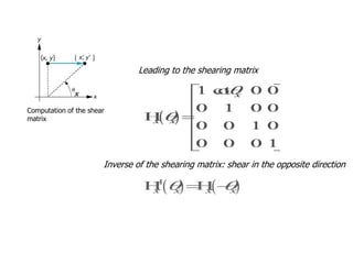 x = x  y cot q x
y = y
z = z
Leading to the shearing matrix
x
Computation of the shear
matrix

Inverse of the shearing matrix: shear in the opposite direction

 
