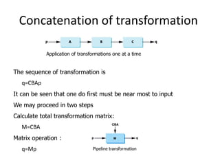 Concatenation of transformation
Application of transformations one at a time

The sequence of transformation is
q=CBAp
It can be seen that one do first must be near most to input
We may proceed in two steps
Calculate total transformation matrix:

M=CBA
Matrix operation :
q=Mp

Pipeline transformation

 
