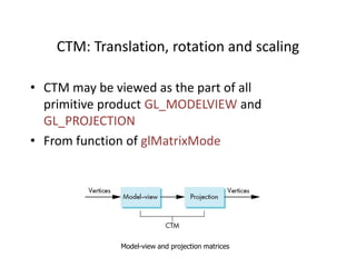 CTM: Translation, rotation and scaling
• CTM may be viewed as the part of all
primitive product GL_MODELVIEW and
GL_PROJECTION
• From function of glMatrixMode

Model-view and projection matrices

 