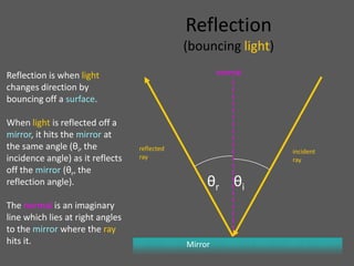 Reflection
                                              (bouncing light)
Reflection is when light                               normal
changes direction by
bouncing off a surface.

When light is reflected off a
mirror, it hits the mirror at
the same angle (θi, the           reflected                      incident
incidence angle) as it reflects   ray                            ray
off the mirror (θr, the
reflection angle).                                 θr θi
The normal is an imaginary
line which lies at right angles
to the mirror where the ray
hits it.                                      Mirror
 