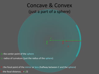 Concave & Convex
                                 (just a part of a sphere)




                                                   r
                                               •             •
                                               C             F
                                                                  f

C: the center point of the sphere
r: radius of curvature (just the radius of the sphere)


F: the focal point of the mirror or lens (halfway between C and the sphere)
f: the focal distance, f = r/2
 