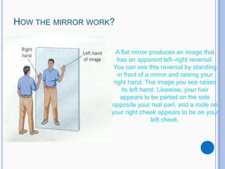 HOW THE MIRROR WORK?
A flat mirror produces an image that
has an apparent left–right reversal.
You can see this reversal by standing
in front of a mirror and raising your
right hand. The image you see raises
its left hand. Likewise, your hair
appears to be parted on the side
opposite your real part, and a mole on
your right cheek appears to be on your
left cheek.

 