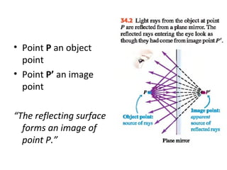 • Point P an object
point
• Point P’ an image
point
“The reflecting surface
forms an image of
point P.”
 