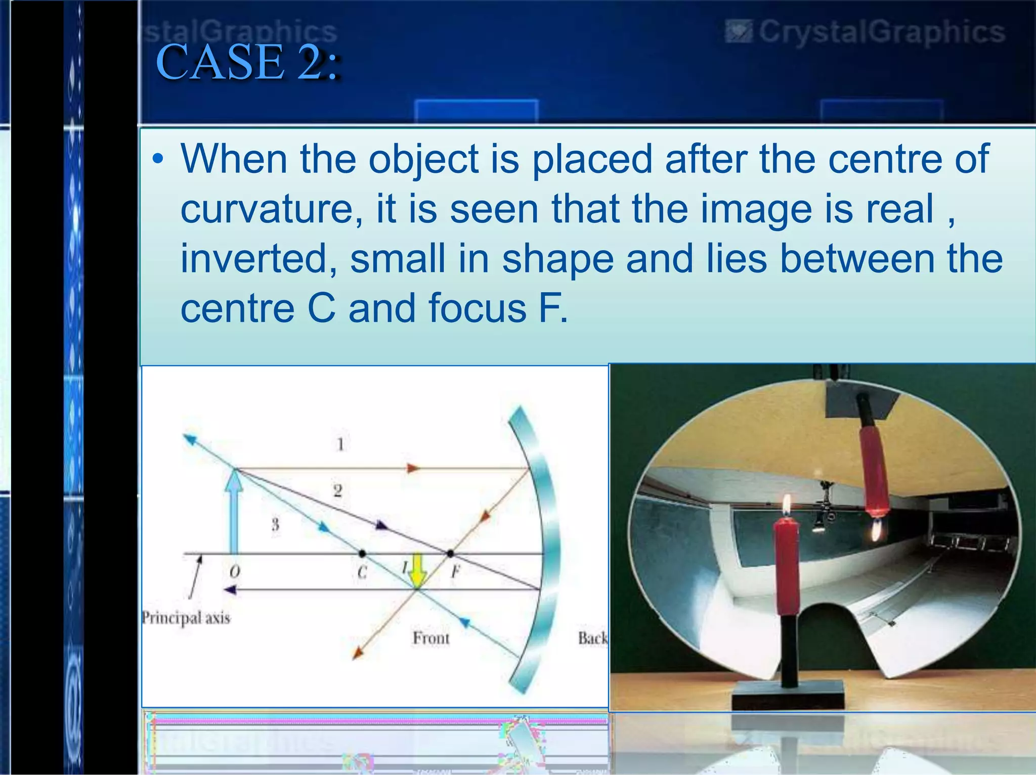 CASE 2:
• When the object is placed after the centre of
curvature, it is seen that the image is real ,
inverted, small in shape and lies between the
centre C and focus F.
 