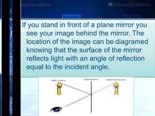 If you stand in front of a plane mirror you
see your image behind the mirror. The
location of the image can be diagramed
knowing that the surface of the mirror
reflects light with an angle of reflection
equal to the incident angle.
 