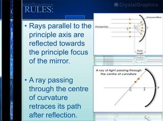 RULES:
• Rays parallel to the
principle axis are
reflected towards
the principle focus
of the mirror.
• A ray passing
through the centre
of curvature
retraces its path
after reflection.
 
