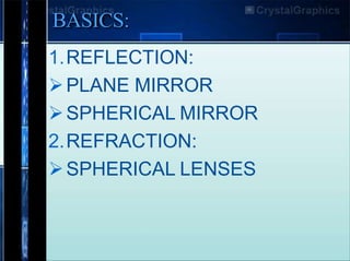 BASICS:
1.REFLECTION:
PLANE MIRROR
SPHERICAL MIRROR
2.REFRACTION:
SPHERICAL LENSES
 