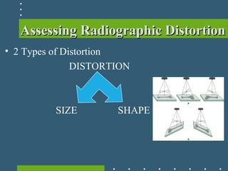 Assessing Radiographic DistortionAssessing Radiographic Distortion
• 2 Types of Distortion
DISTORTION
SIZE SHAPE
 