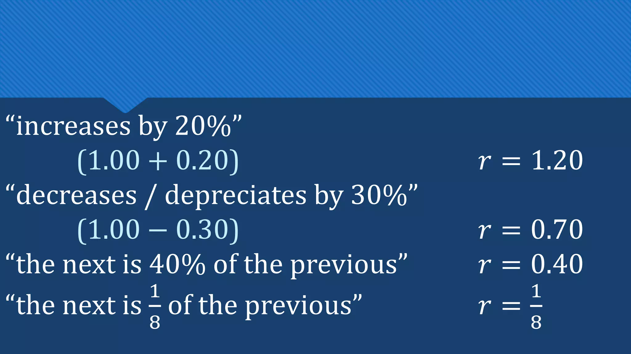 “increases by 20%”
(1.00 + 0.20) 𝑟 = 1.20
“decreases / depreciates by 30%”
(1.00 − 0.30) 𝑟 = 0.70
“the next is 40% of the previous” 𝑟 = 0.40
“the next is
1
8
of the previous” 𝑟 =
1
8
 