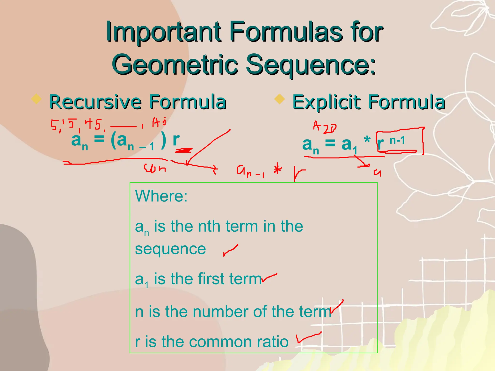 Important Formulas for
Important Formulas for
Geometric Sequence:
Geometric Sequence:
 Recursive Formula
Recursive Formula  Explicit Formula
Explicit Formula
an = (an – 1 ) r an = a1 * r n-1
Where:
an is the nth term in the
sequence
a1 is the first term
n is the number of the term
r is the common ratio
 