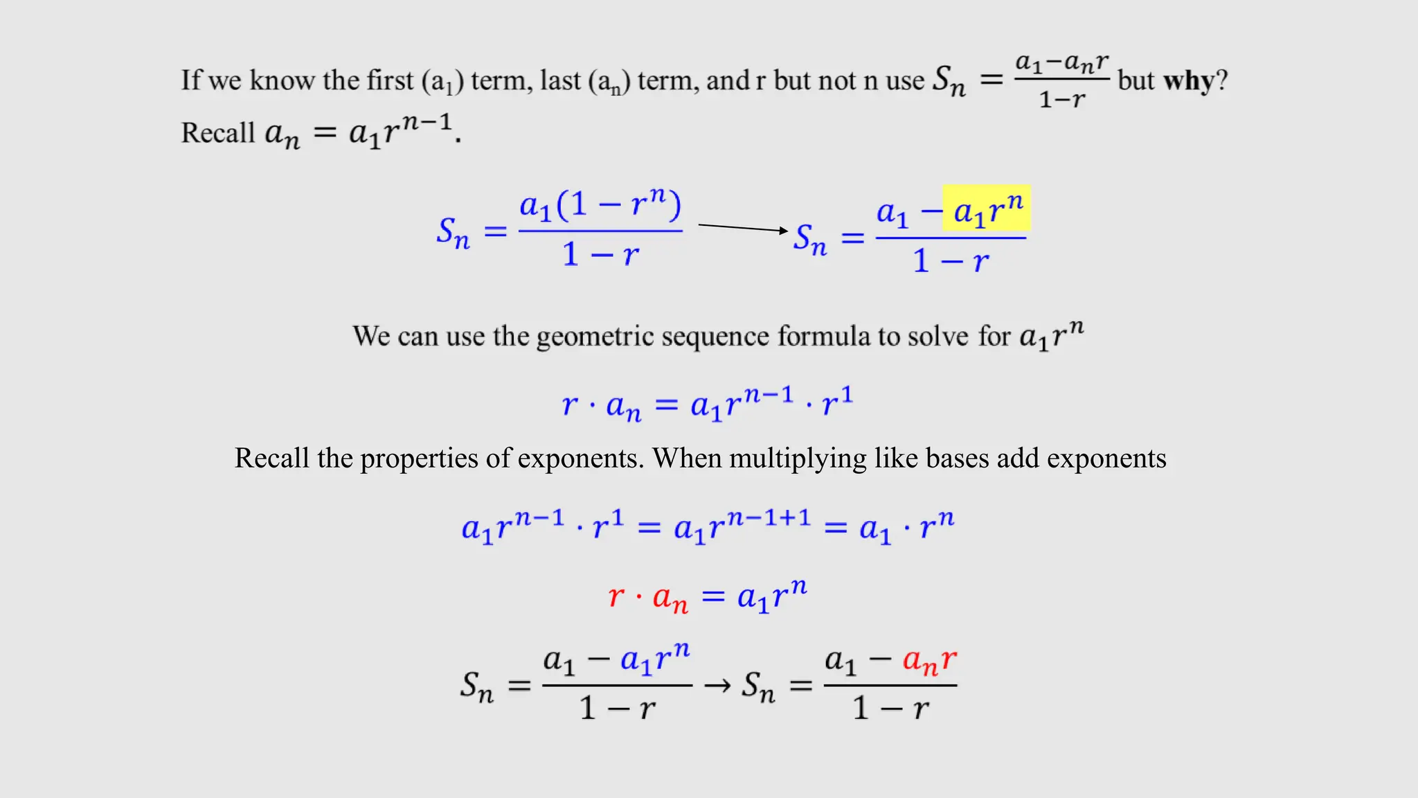 Recall the properties of exponents. When multiplying like bases add exponents
 