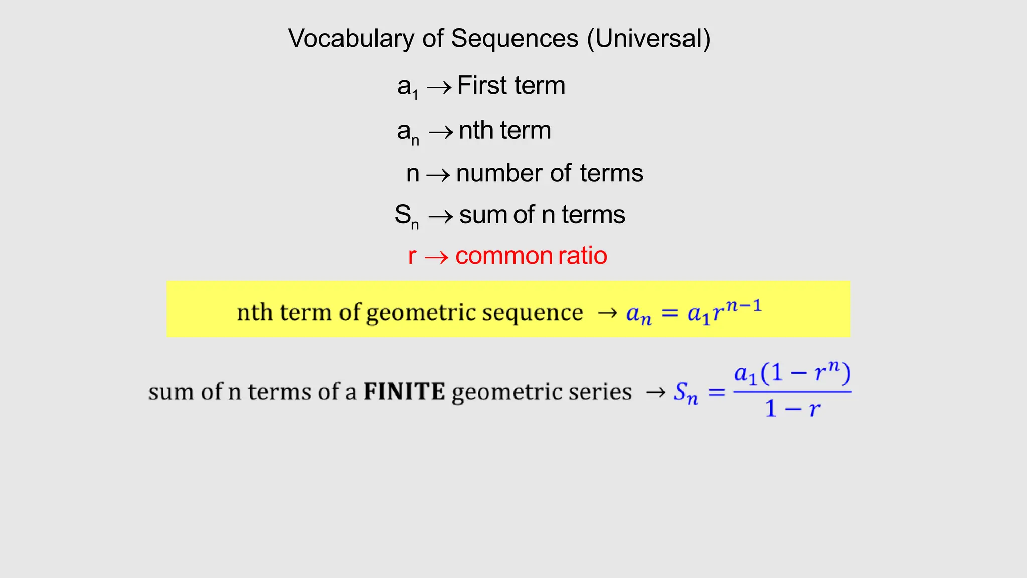 Vocabulary of Sequences (Universal)
1
a First term

n
a nth term

n
S sum of n terms

n number of terms

r common ratio

 
