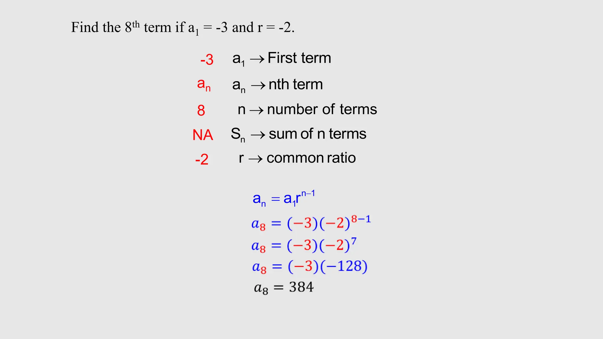 1
a First term

n
a nth term

n
S sum of n terms

n number of terms

r common ratio

-3
an
8
NA
-2
n 1
n 1
a a r 

Find the 8th term if a1 = -3 and r = -2.
 