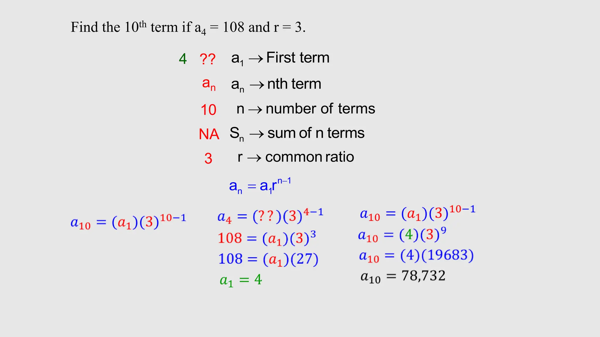 1
a First term

n
a nth term

n
S sum of n terms

n number of terms

r common ratio

??
an
10
NA
3
n 1
n 1
a a r 

Find the 10th term if a4 = 108 and r = 3.
4
 