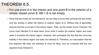 THEOREM 8.5.
• For one point A in the interior and one point B in the exterior of a
simple closed curve S. AB ∩ S is not empty.
• Since the two circles do not intersect S, we can draw a curve that connects the two circles
and lies entirely in either the interior or exterior region of S. Without loss of generality,
assume that the curve lies in the interior region. Then, by the Jordan Curve Theorem, the
curve must intersect S at least twice, once when it enters the exterior region and once
when it re-enters the interior region. However, this contradicts the fact that the curve lies
entirely in the interior region and does not intersect S. Therefore, our assumption that the
line segment AB does not intersect S must be false, and we conclude that the line
segment must intersect S.
 