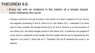 THEOREM 8.6.
• Every ray with an endpoint in the interior of a simple closed
curve intersects the curve.
• Choose a point Q in the set of points in the interior of C that is closest to P. Let r be the
line segment connecting P and Q. Since Q is in the interior of C, r intersects C at some
point S. Now consider the triangle formed by P, Q, and S. Since S is on the boundary of
the interior of C, the entire triangle must lie in the interior of C. In particular, the endpoint P
of the ray R is contained in this triangle. But this implies that the ray R intersects the line
segment r at a point T, which lies on C. Therefore, the ray R intersects the curve C, as
desired.
 