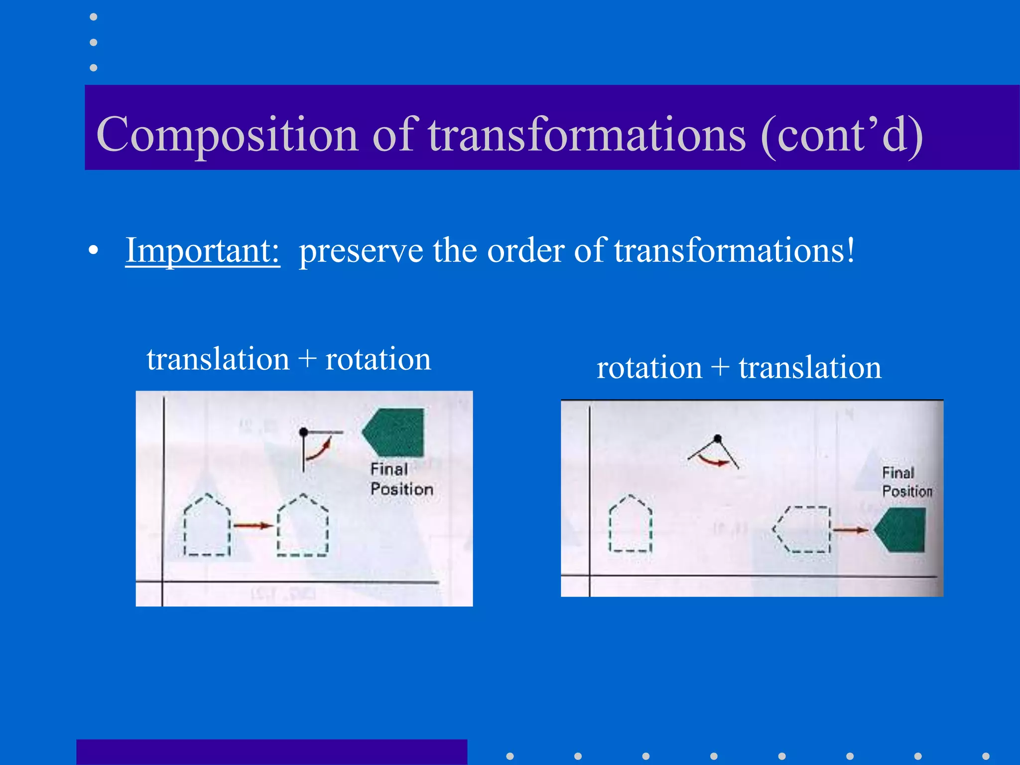 Composition of transformations (cont’d)
• Important: preserve the order of transformations!
translation + rotation rotation + translation
 