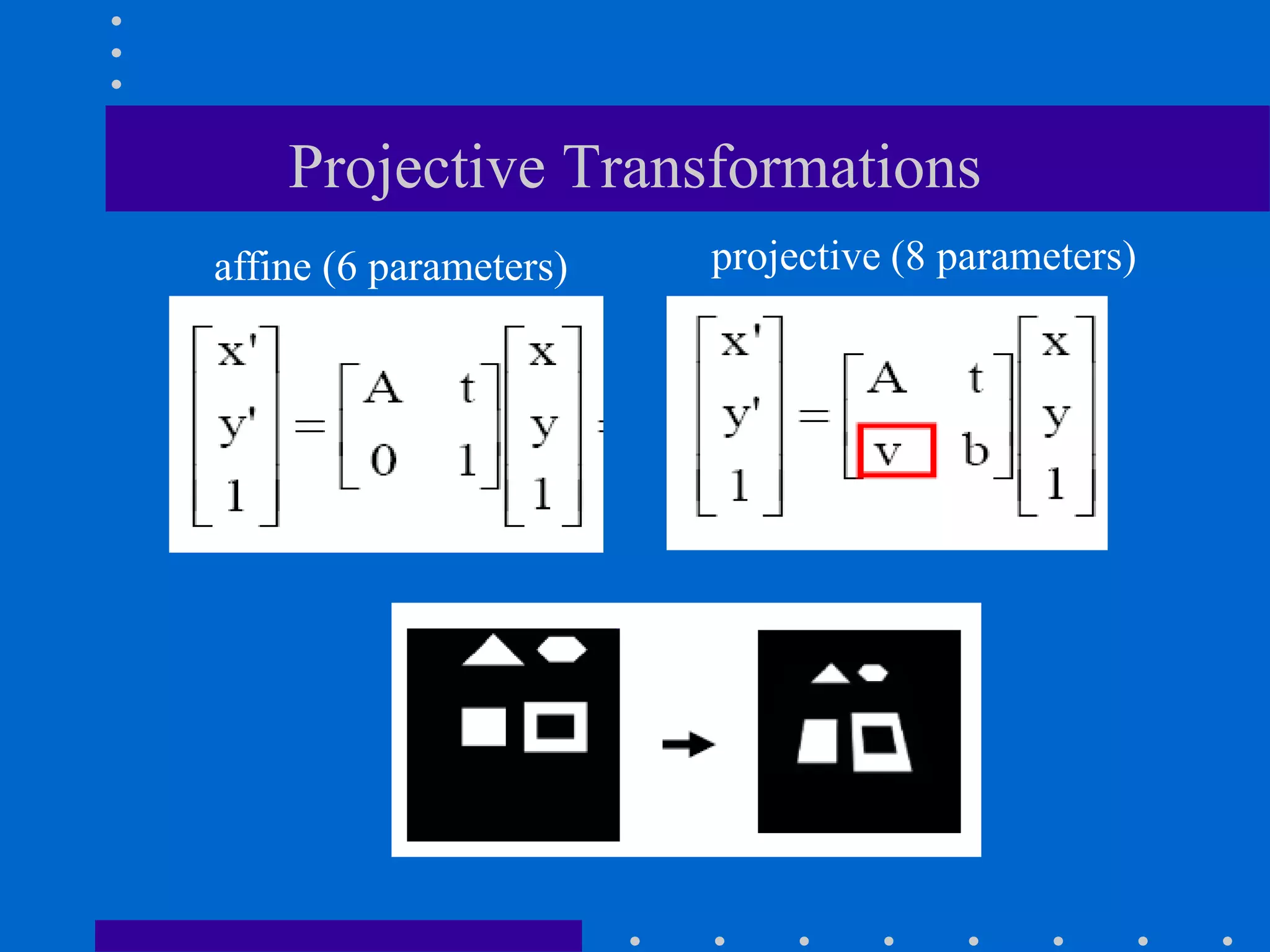 Projective Transformations
affine (6 parameters) projective (8 parameters)
 