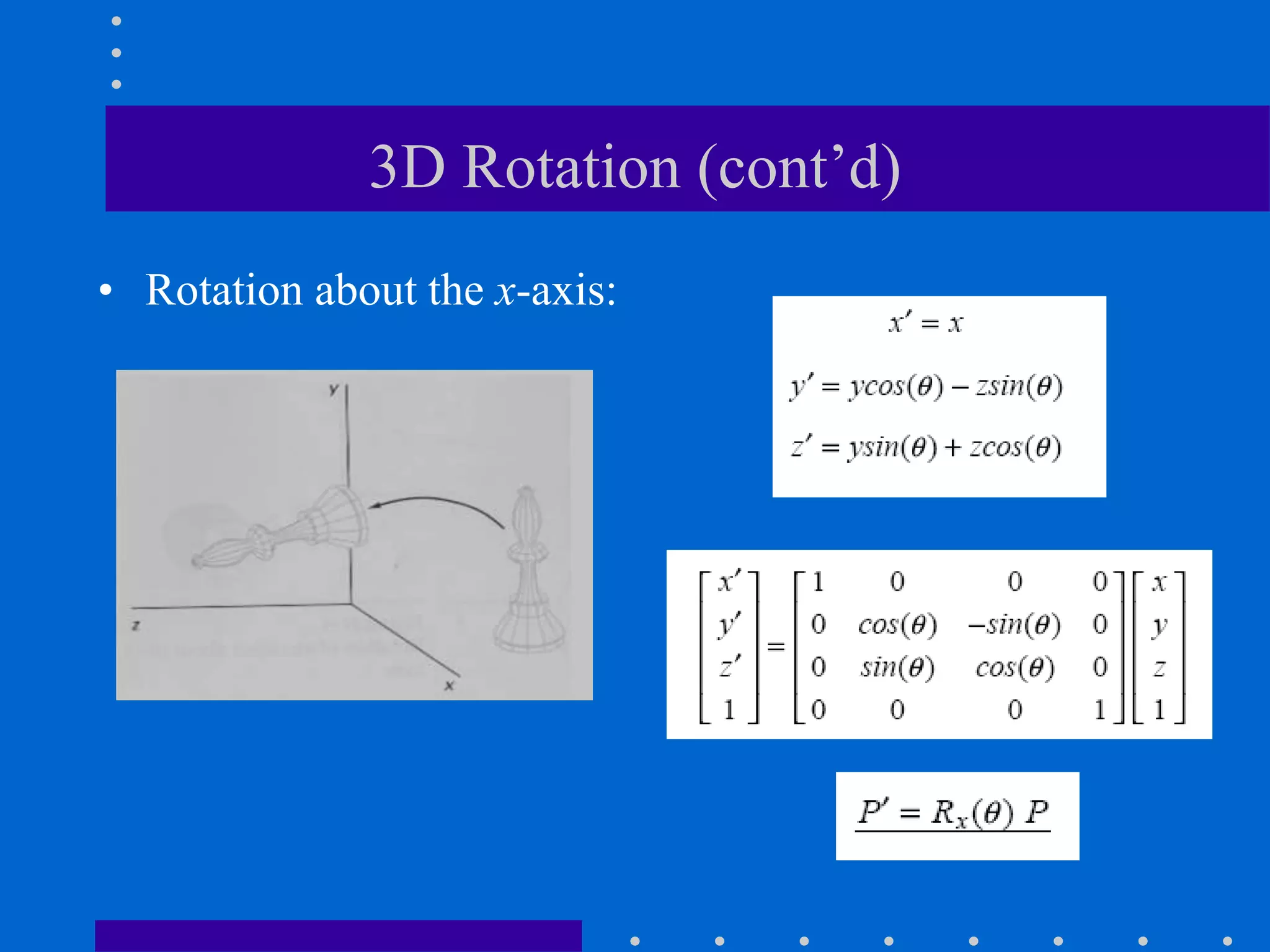 3D Rotation (cont’d)
• Rotation about the x-axis:
 
