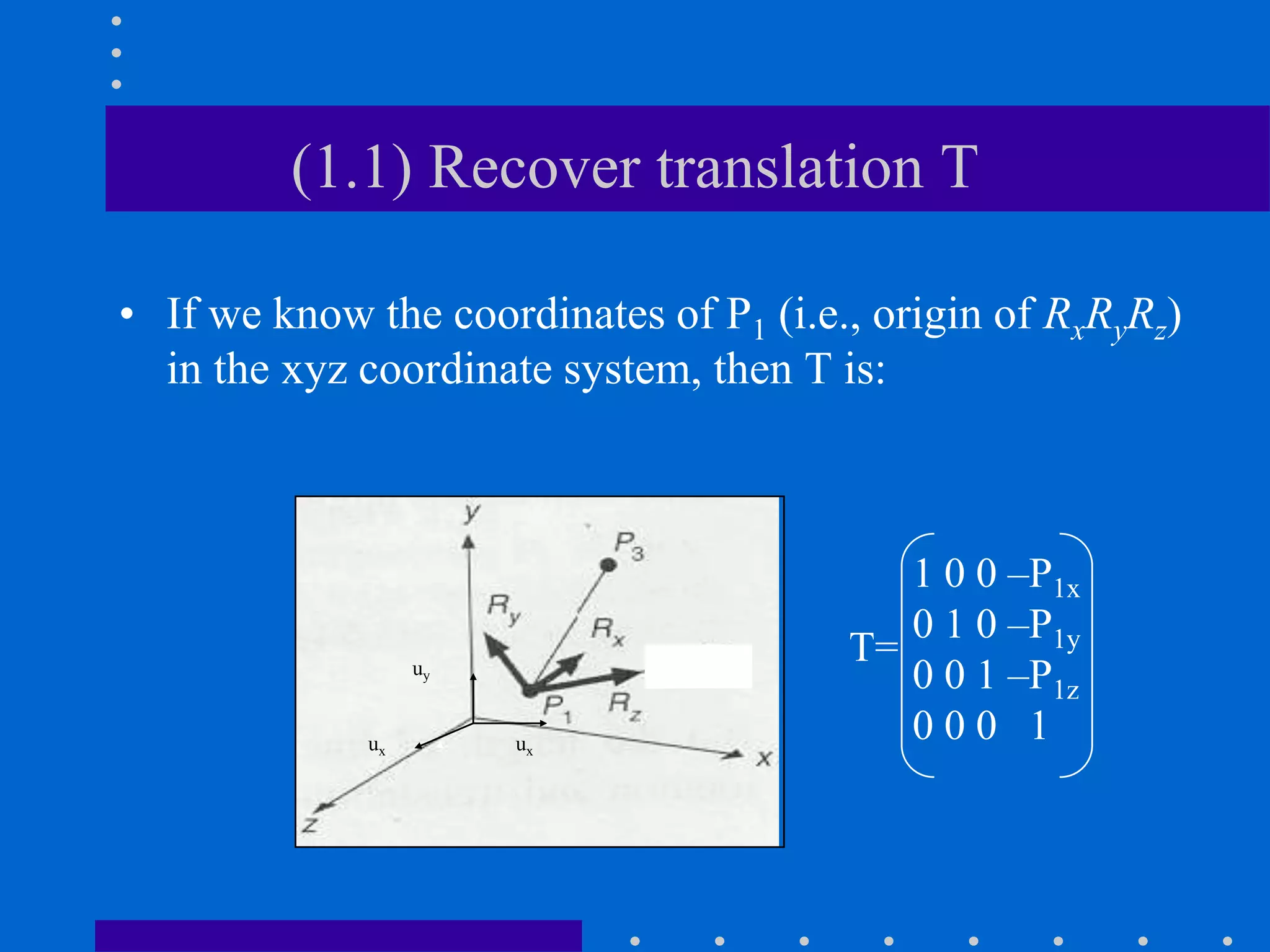 (1.1) Recover translation T
• If we know the coordinates of P1 (i.e., origin of RxRyRz)
in the xyz coordinate system, then T is:
1 0 0 –P1x
0 1 0 –P1y
0 0 1 –P1z
0 0 0 1
T=
ux
uy
ux
 