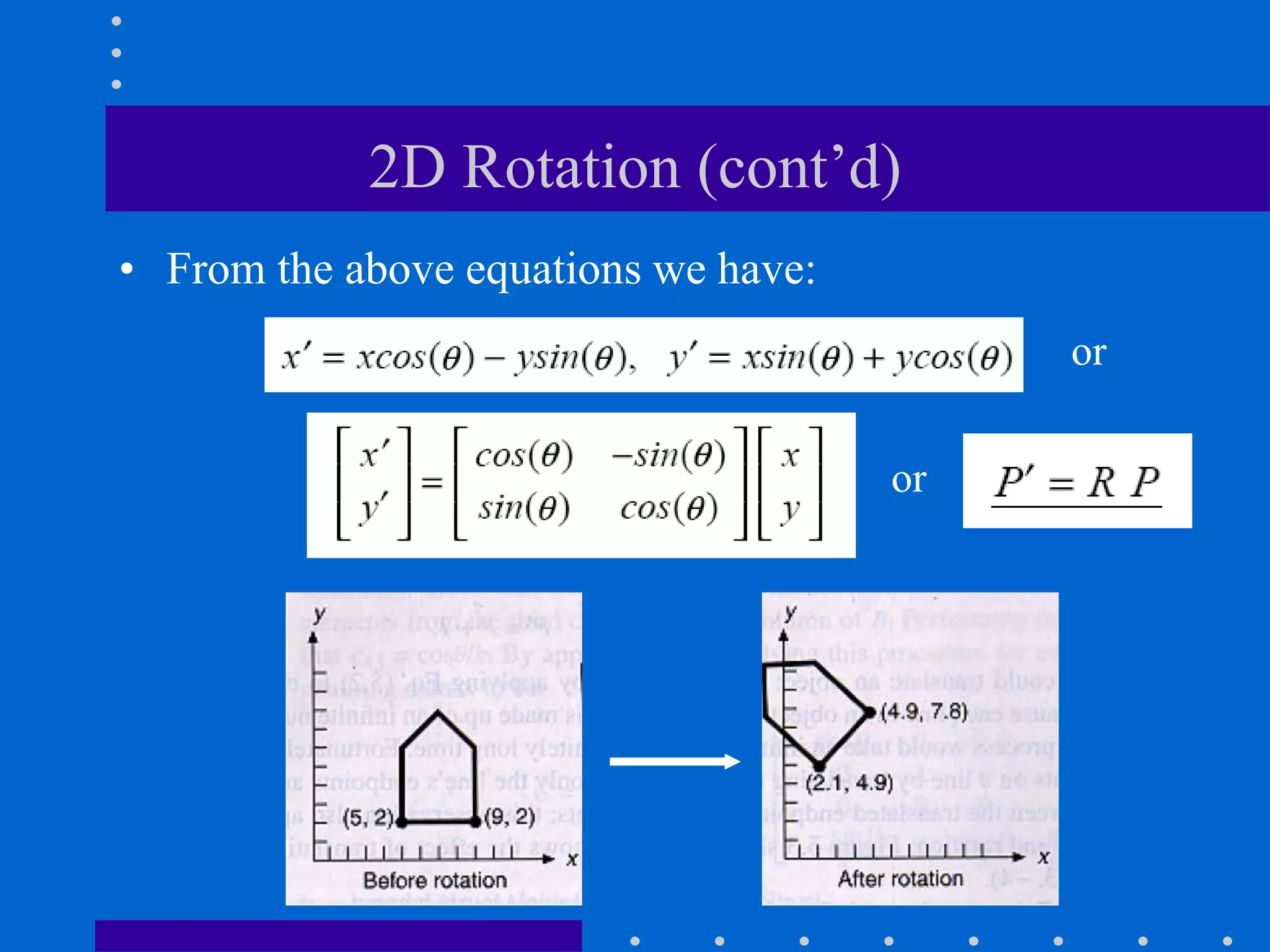 2D Rotation (cont’d)
• From the above equations we have:
or
or
 