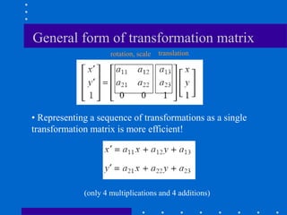 General form of transformation matrix
• Representing a sequence of transformations as a single
transformation matrix is more efficient!
(only 4 multiplications and 4 additions)
translation
rotation, scale
 