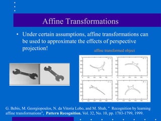 Affine Transformations
• Under certain assumptions, affine transformations can
be used to approximate the effects of perspective
projection!
G. Bebis, M. Georgiopoulos, N. da Vitoria Lobo, and M. Shah, " Recognition by learning
affine transformations", Pattern Recognition, Vol. 32, No. 10, pp. 1783-1799, 1999.
affine transformed object
 